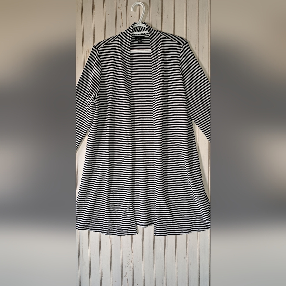 Ladies J. Jill Wearever Sweater Cardigan  Striped Open Front  Black White L-Pet